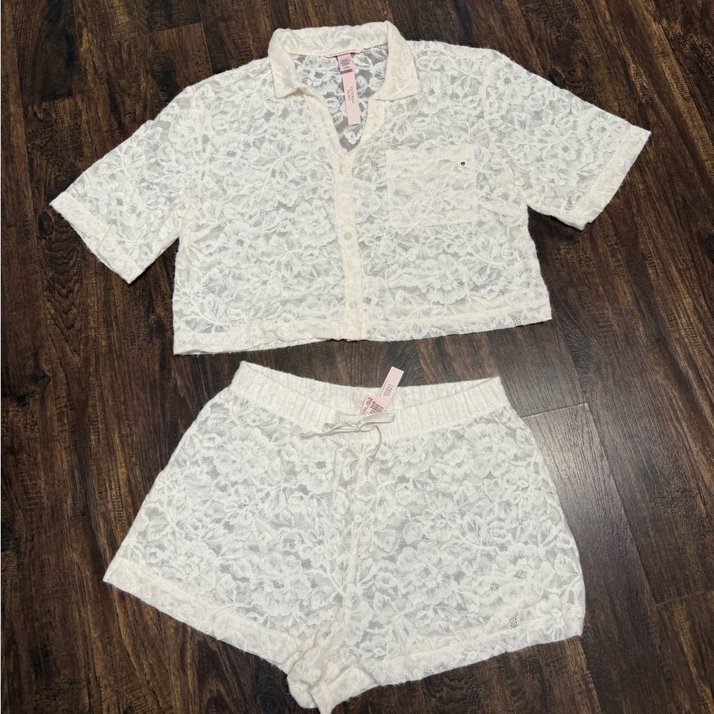 Victoria’s Secret Luxe Soft Lace Cropped Short Pajama Set Size Medium